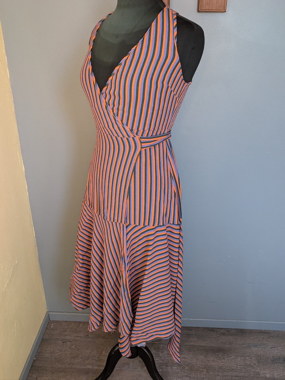 Handkerchief Hem Striped V-Neck Wrap Midi Dress By Olivaceous